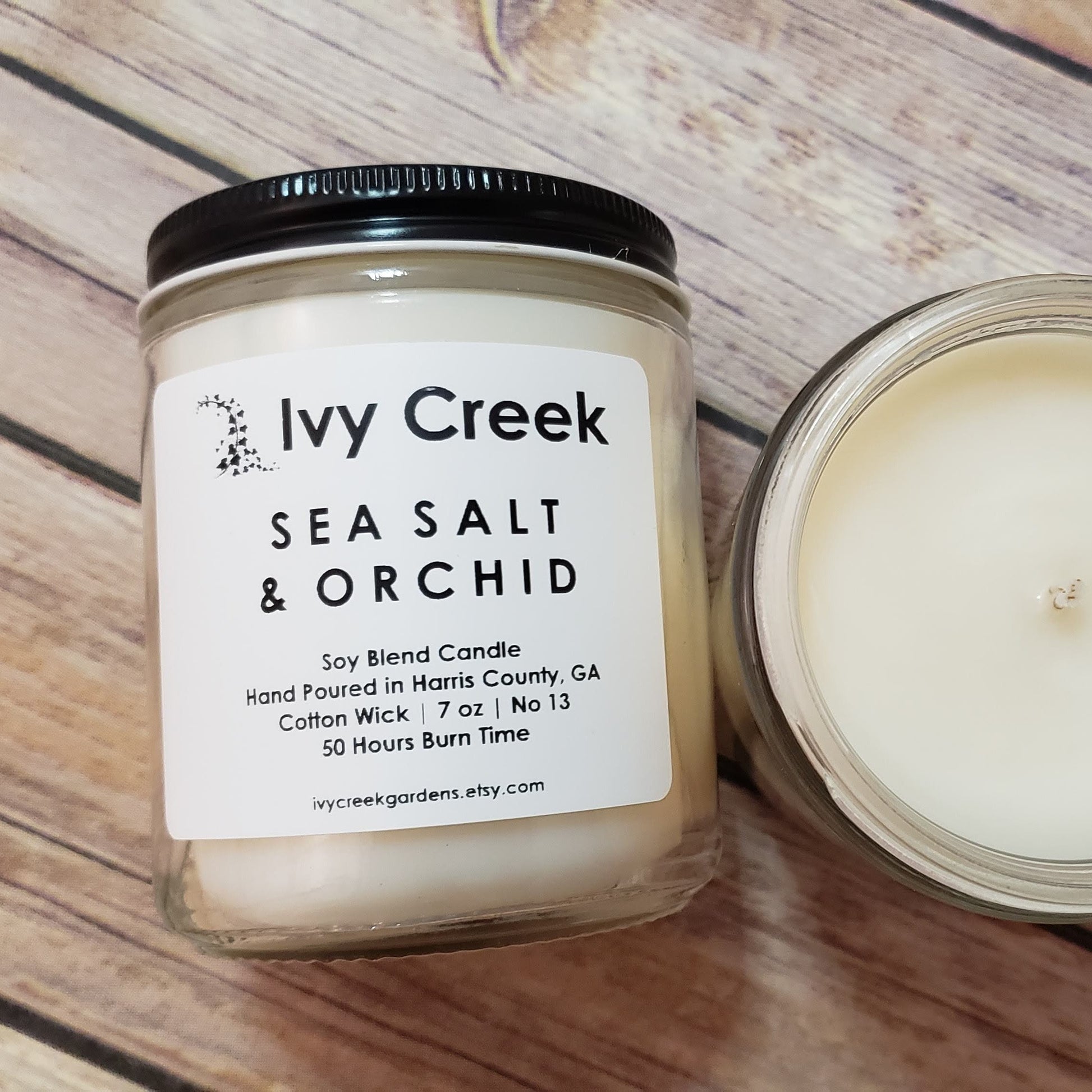 Sea Salt & Orchid Soy Blend Candle | Ivy Creek No 13 | Hand Poured | Cotton Wick | Small Batch | Clean Burning | Container Candle | 7 oz