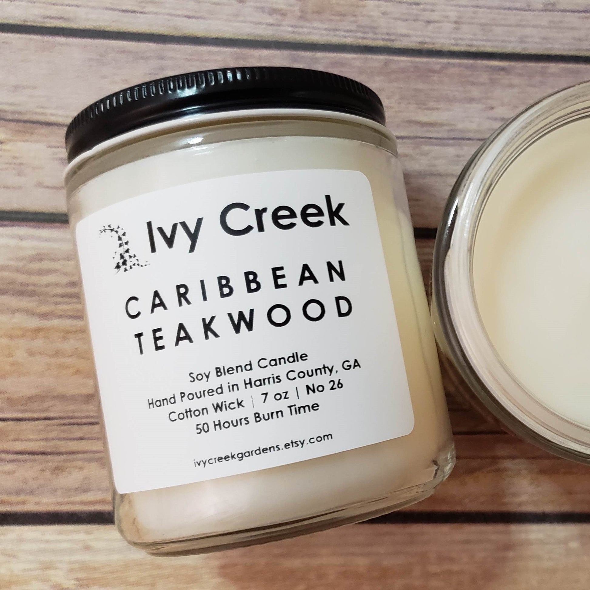 Caribbean Teakwood Soy Blend Candle | Ivy Creek No 34 | Hand Poured Container Candle | 7 oz | Cotton Wick | Small Batch | Clean Burning