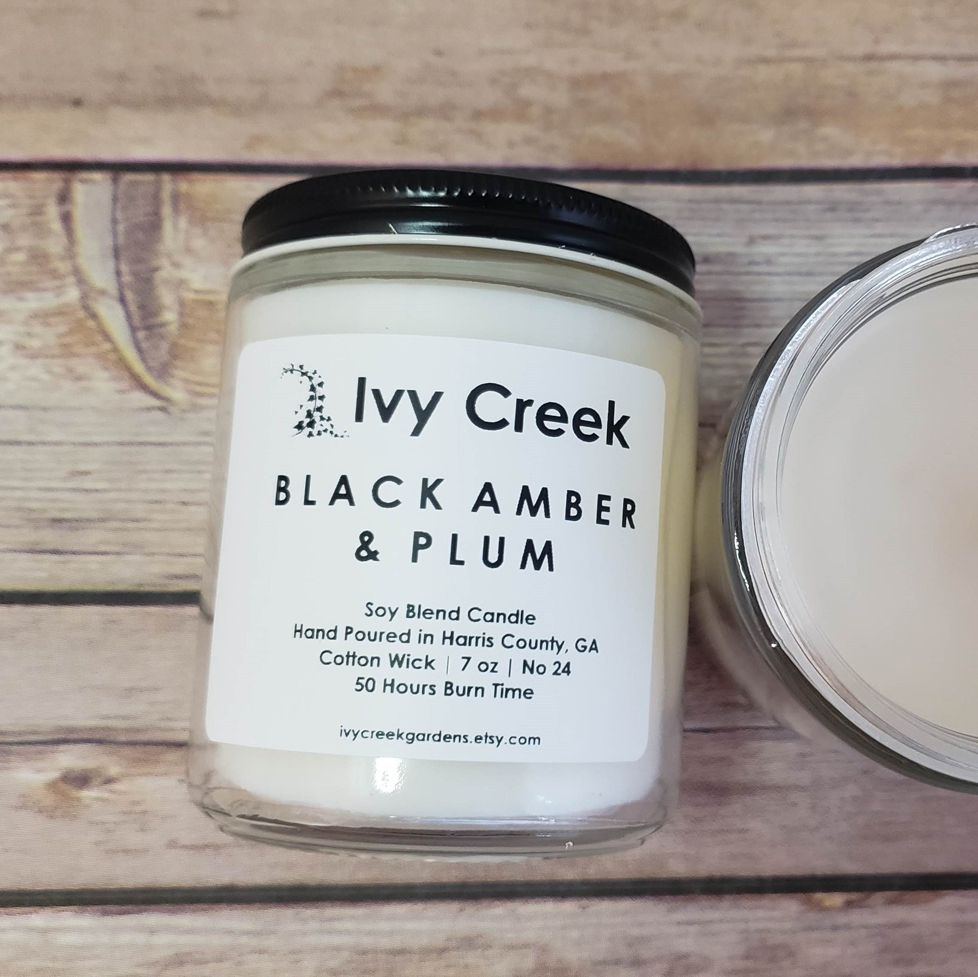 Black Amber & Plum Soy Blend Candle | Ivy Creek No 24 | Hand Poured | 7 oz | Cotton Wick | Small Batch | Clean Burning | Container Candle