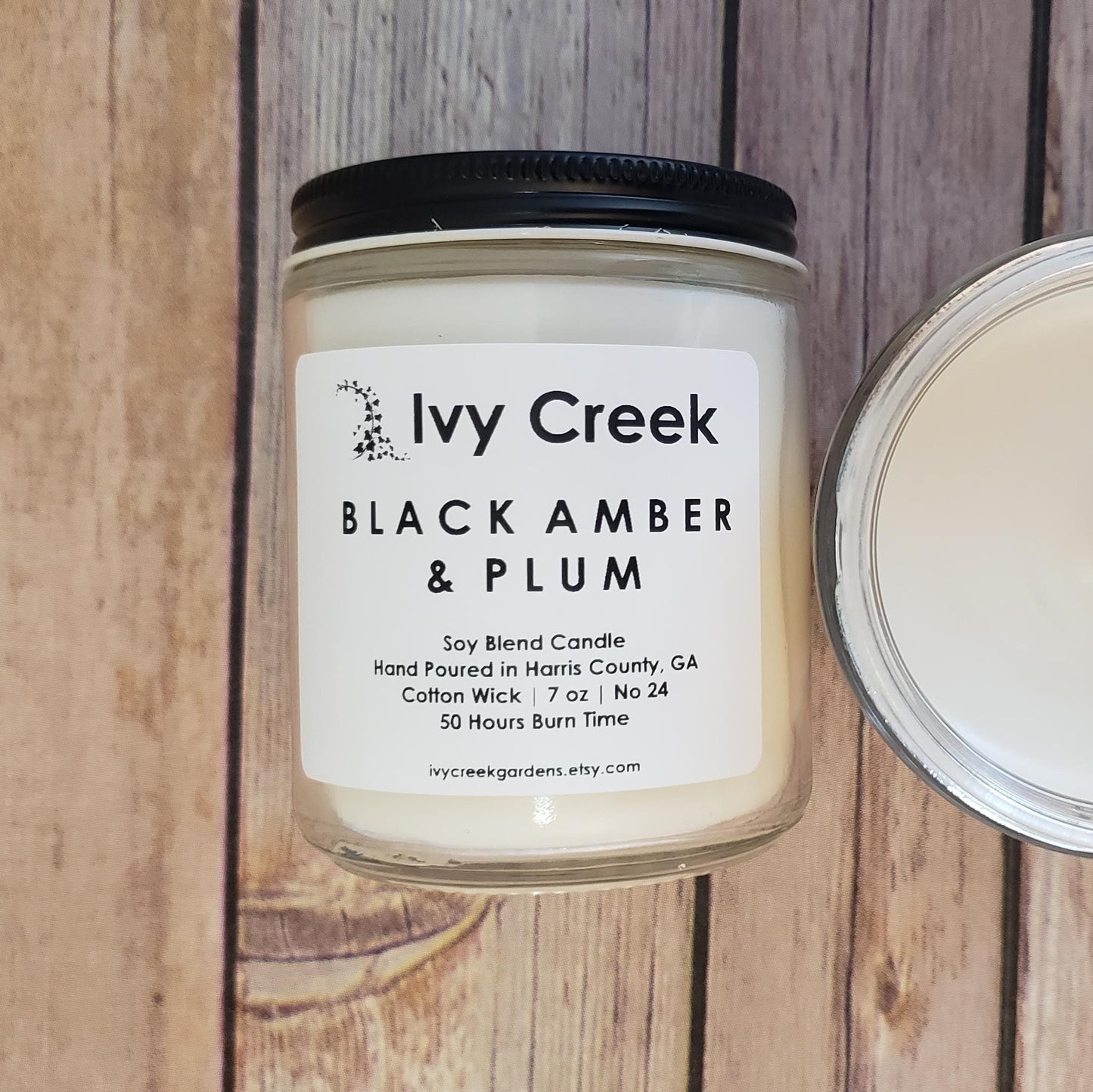 Black Amber & Plum Soy Blend Candle | Ivy Creek No 24 | Hand Poured | 7 oz | Cotton Wick | Small Batch | Clean Burning | Container Candle