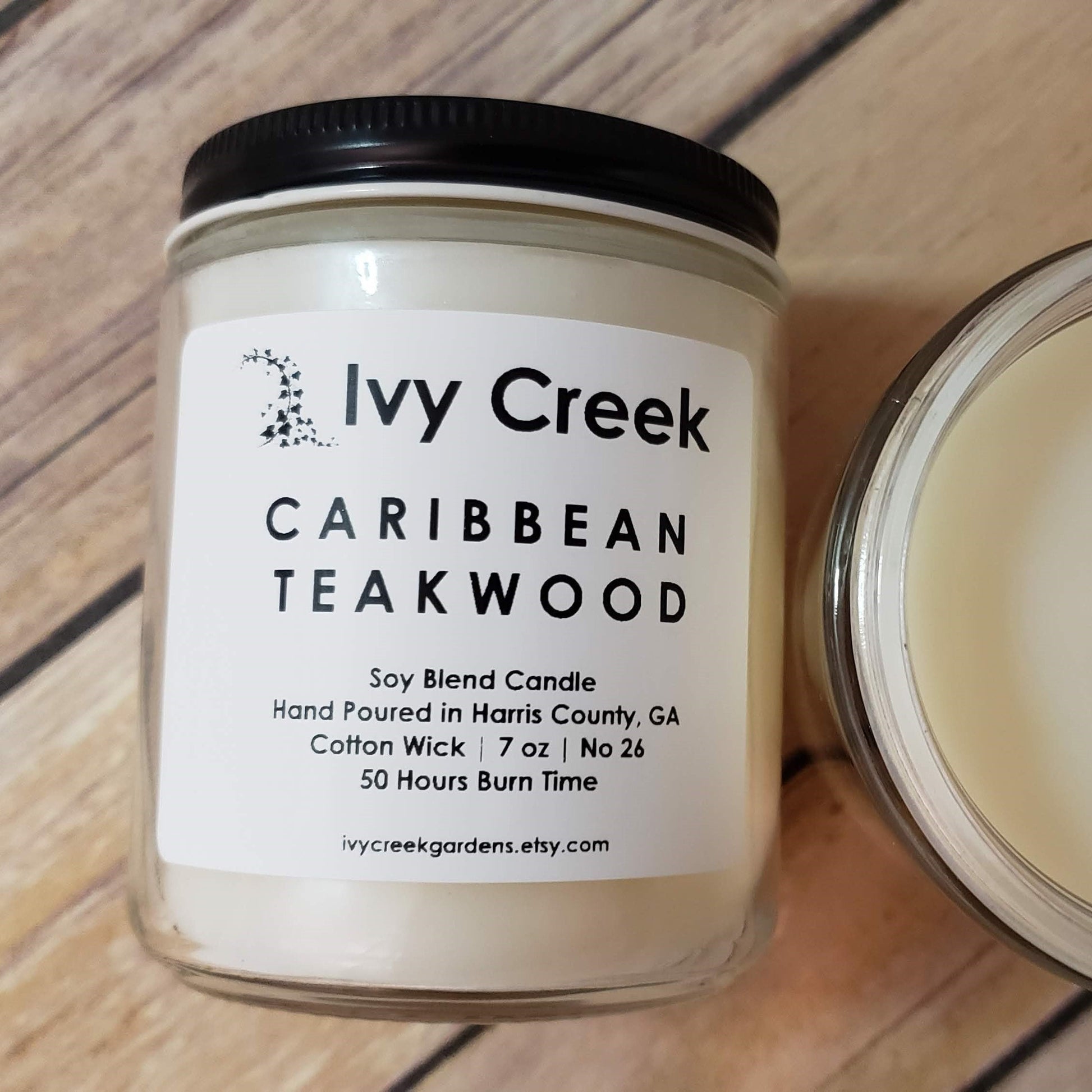 Caribbean Teakwood Soy Blend Candle | Ivy Creek No 34 | Hand Poured Container Candle | 7 oz | Cotton Wick | Small Batch | Clean Burning