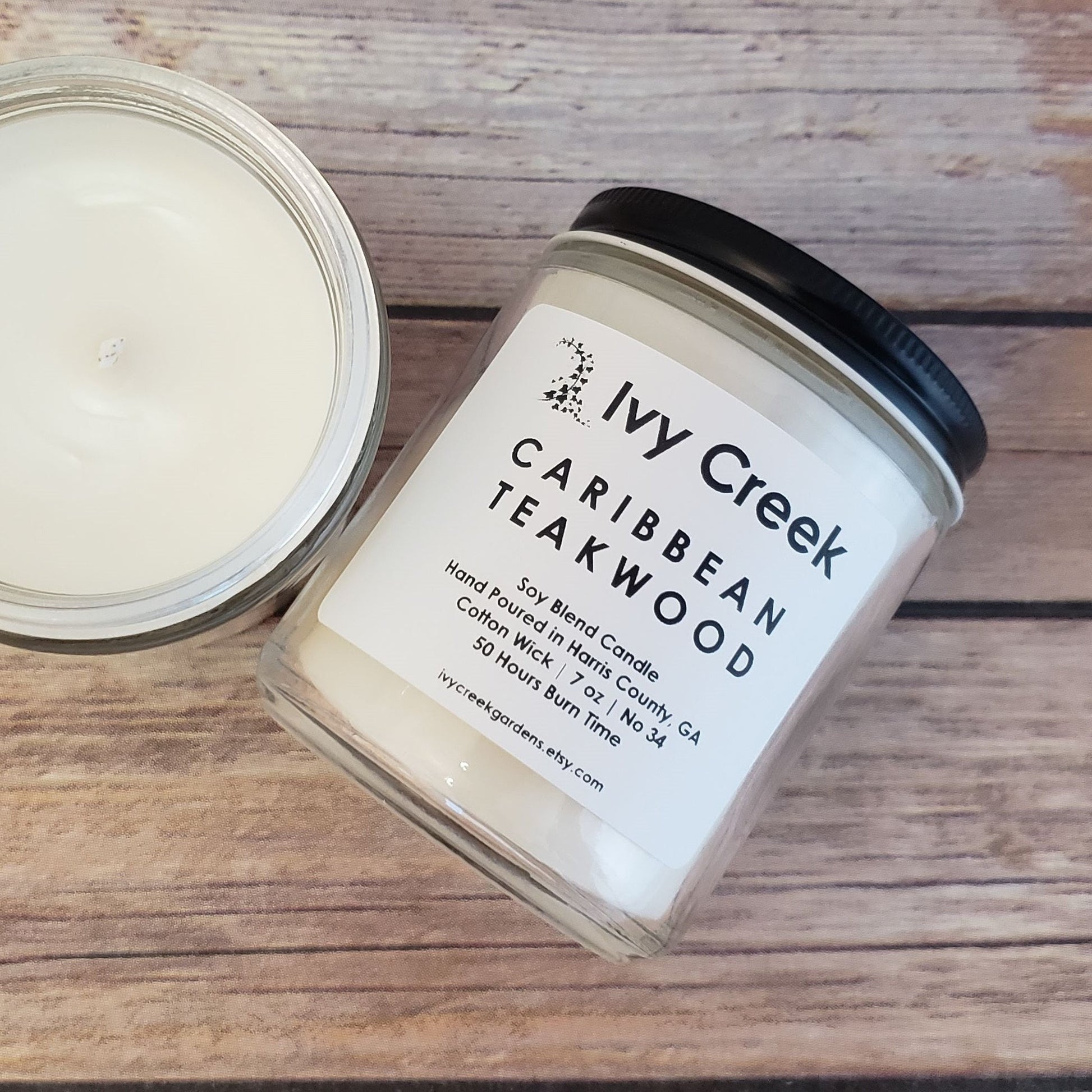 Caribbean Teakwood Soy Blend Candle | Ivy Creek No 34 | Hand Poured Container Candle | 7 oz | Cotton Wick | Small Batch | Clean Burning