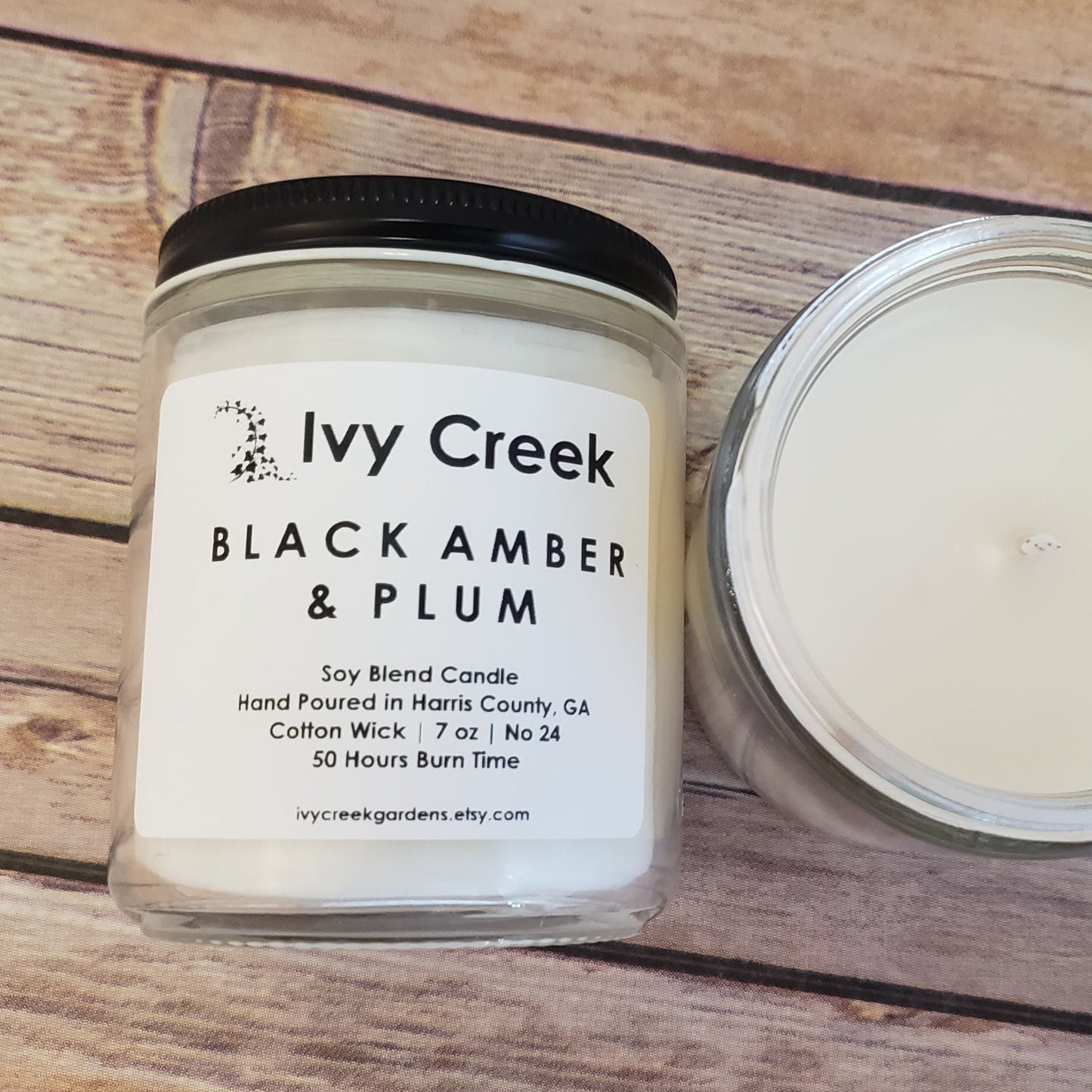 Black Amber & Plum Soy Blend Candle | Ivy Creek No 24 | Hand Poured | 7 oz | Cotton Wick | Small Batch | Clean Burning | Container Candle