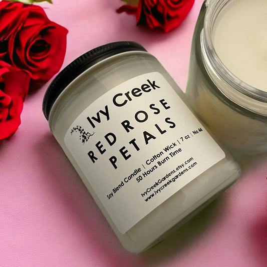 Red Rose Petals Soy Blend Candle | Ivy Creek No 44 | Hand Poured Container Candle | 7 oz | Cotton Wick | Small Batch | Clean Burning