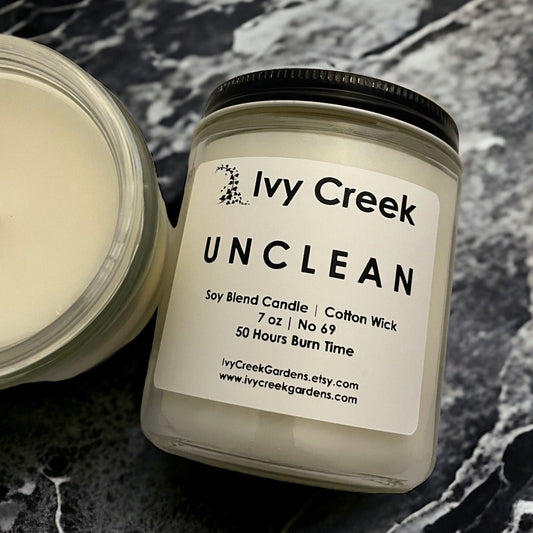 Ivy Creek No 69 Unclean, Dirty Dupe - 7 oz , Hand Poured, Cotton Wick, Small Batch, Clean Burning, Container Candle