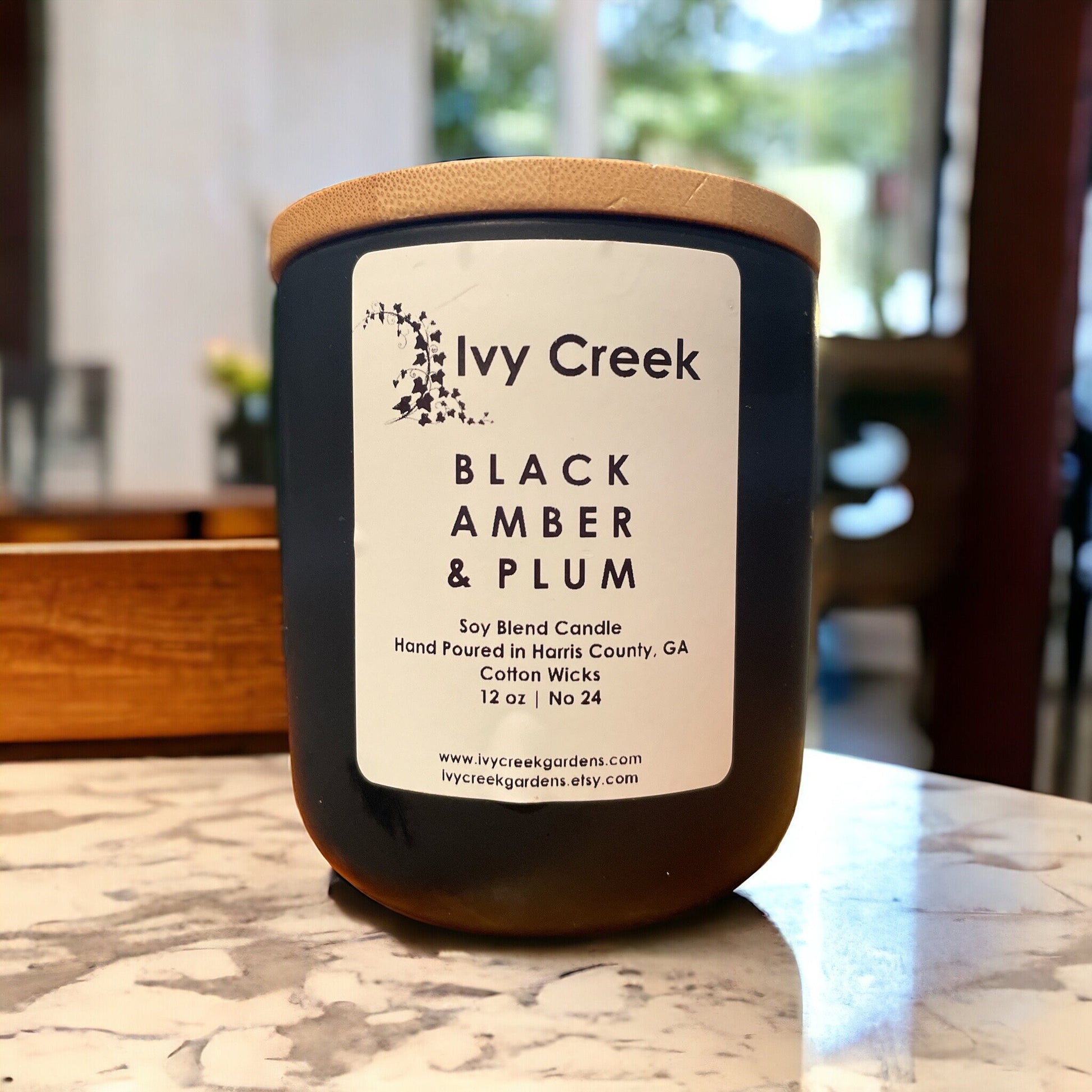 Black Amber & Plum Soy Blend Candle | Ivy Creek No 24 | Black Nordic Ceramic Tumbler | Hand Poured | 12 oz | Double Wick | Small Batch