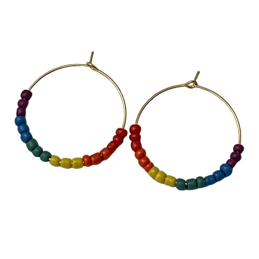 Rainbow Seed Bead Earrings | Boho Hoop Jewelry | Bright Vibrant Fashion | Handcrafted Celebration Accessories | Hypoallergenic | 30 mm