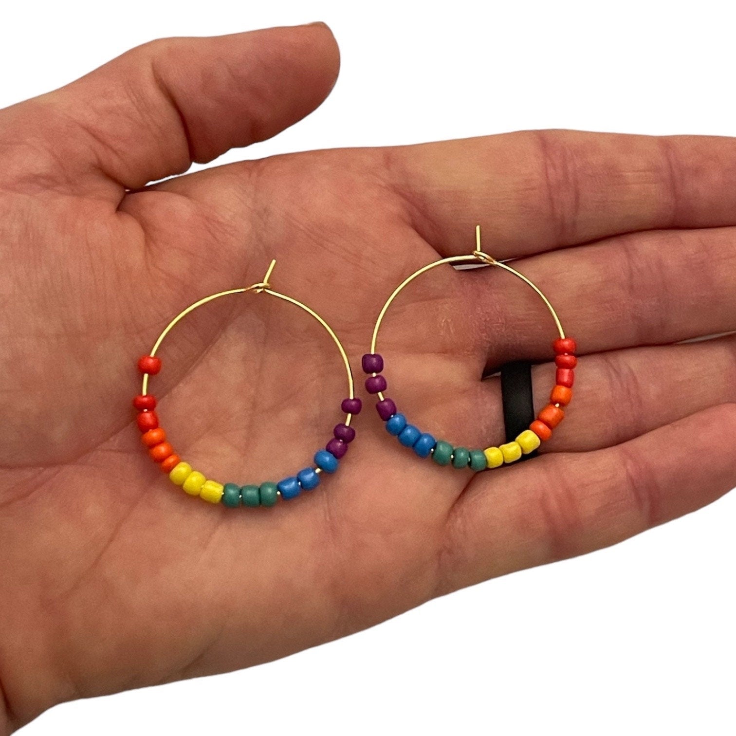 Rainbow Seed Bead Earrings | Boho Hoop Jewelry | Bright Vibrant Fashion | Handcrafted Celebration Accessories | Hypoallergenic | 30 mm