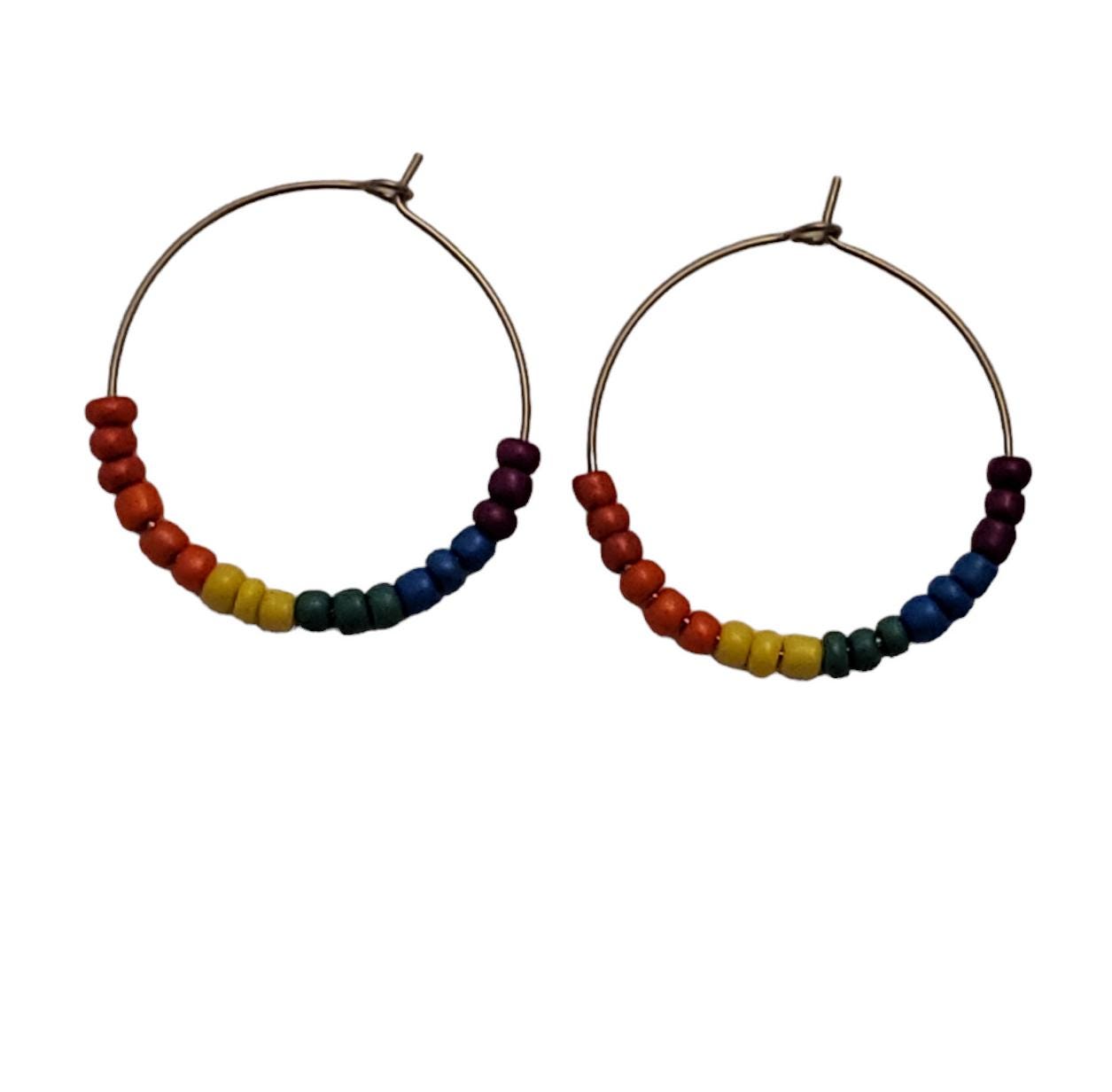 Rainbow Seed Bead Earrings | Boho Hoop Jewelry | Bright Vibrant Fashion | Handcrafted Celebration Accessories | Hypoallergenic | 30 mm