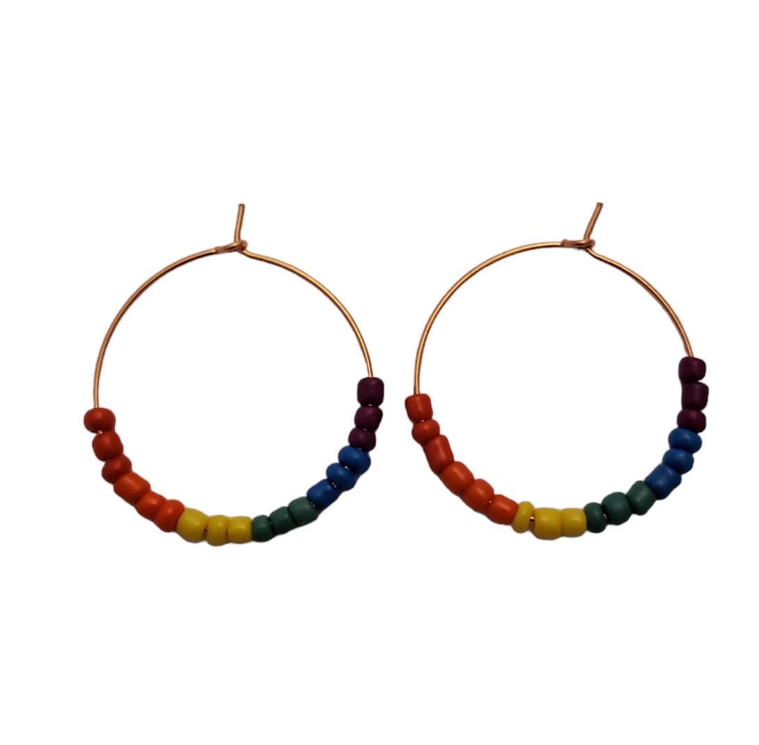 Rainbow Seed Bead Earrings | Boho Hoop Jewelry | Bright Vibrant Fashion | Handcrafted Celebration Accessories | Hypoallergenic | 30 mm