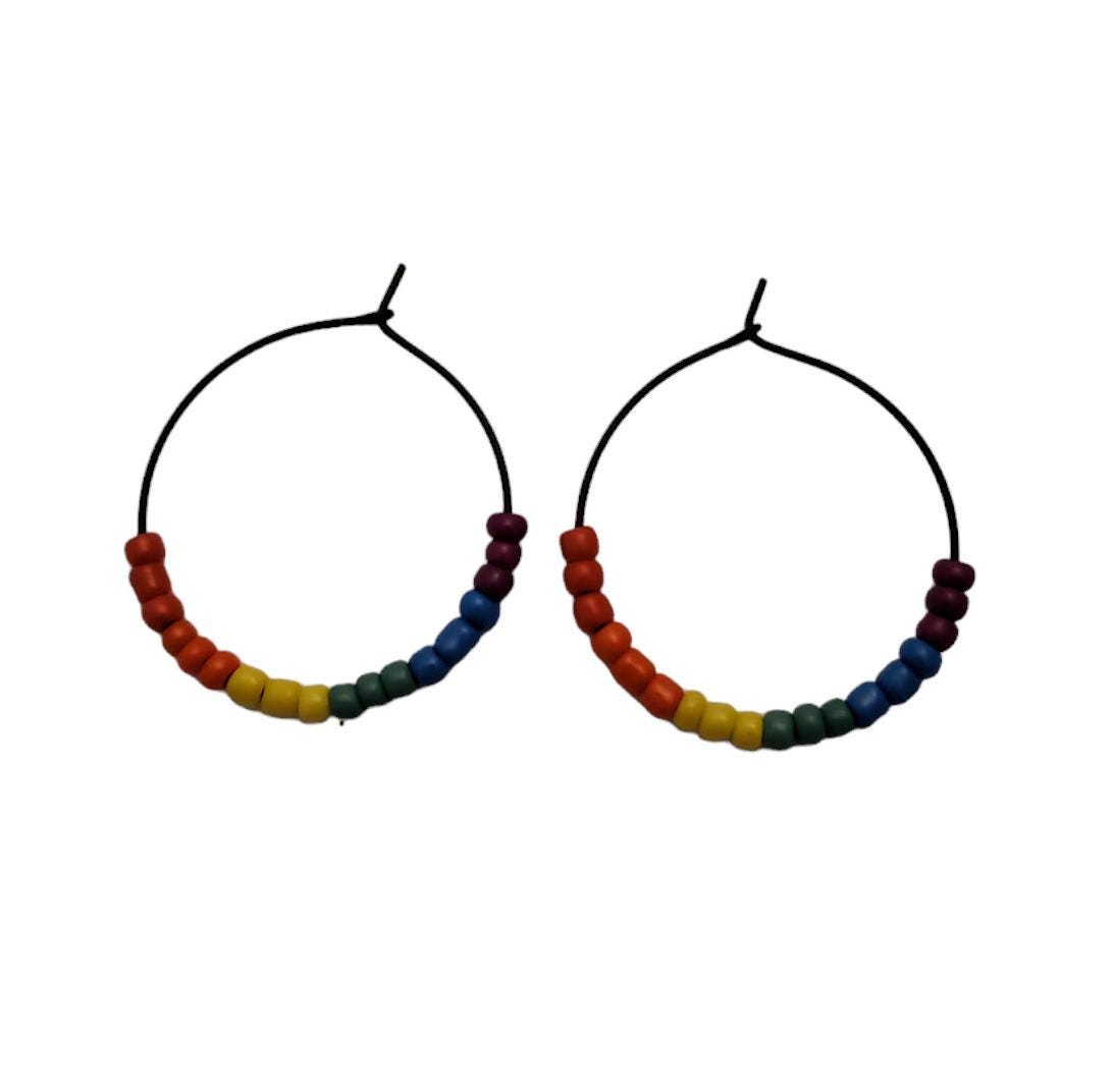 Rainbow Seed Bead Earrings | Boho Hoop Jewelry | Bright Vibrant Fashion | Handcrafted Celebration Accessories | Hypoallergenic | 30 mm