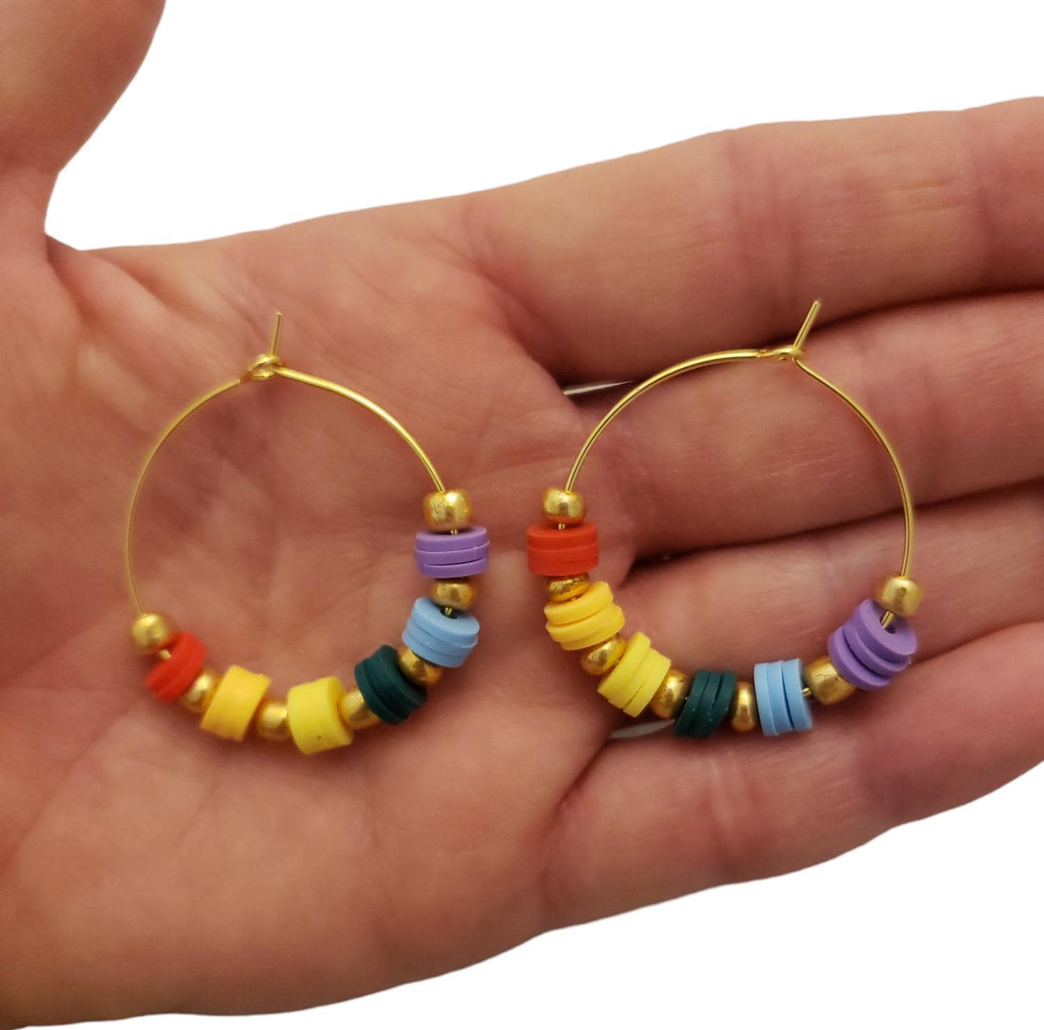 Rainbow Disk Seed Bead Earrings | Boho Hoop Jewelry | Bright Vibrant Fashion | Handcrafted Celebration Accessories | Hypoallergenic | 30 mm