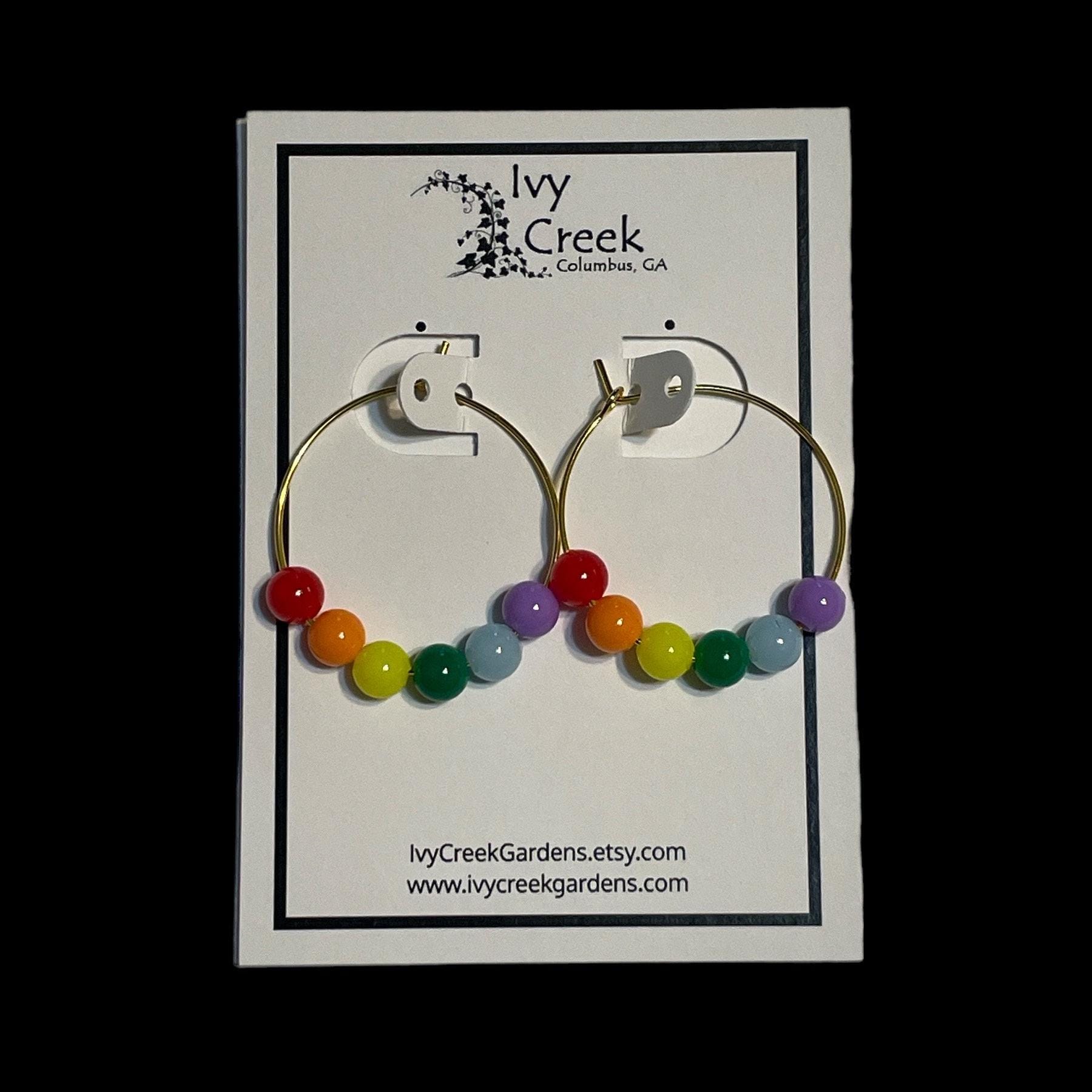 Rainbow Plastic Bead Earrings | Boho Hoop Jewelry | Bright Vibrant Fashion | Handcrafted Celebration Accessories | Hypoallergenic | 30 mm